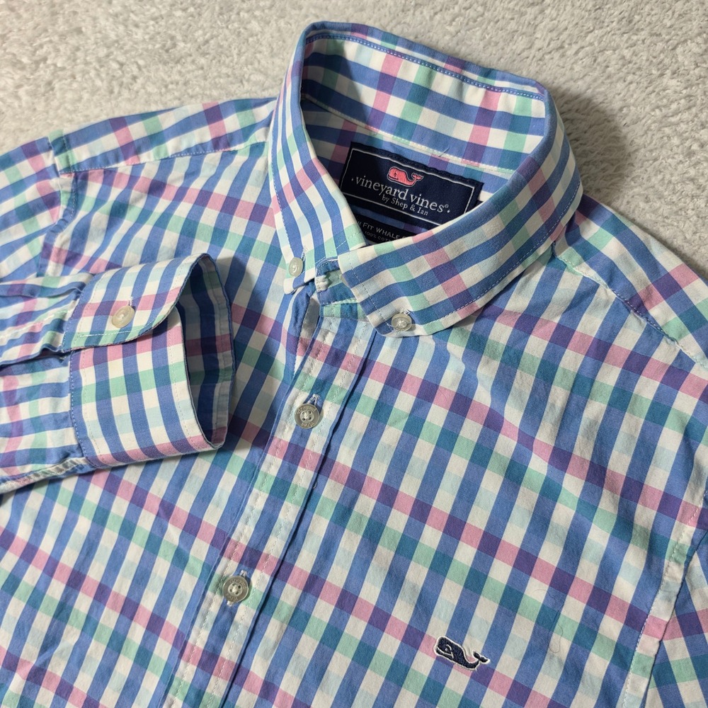 Vineyard Vines Button Down Men XS Blue Pink Green Gingham Slim L/S Whale Shirt‎